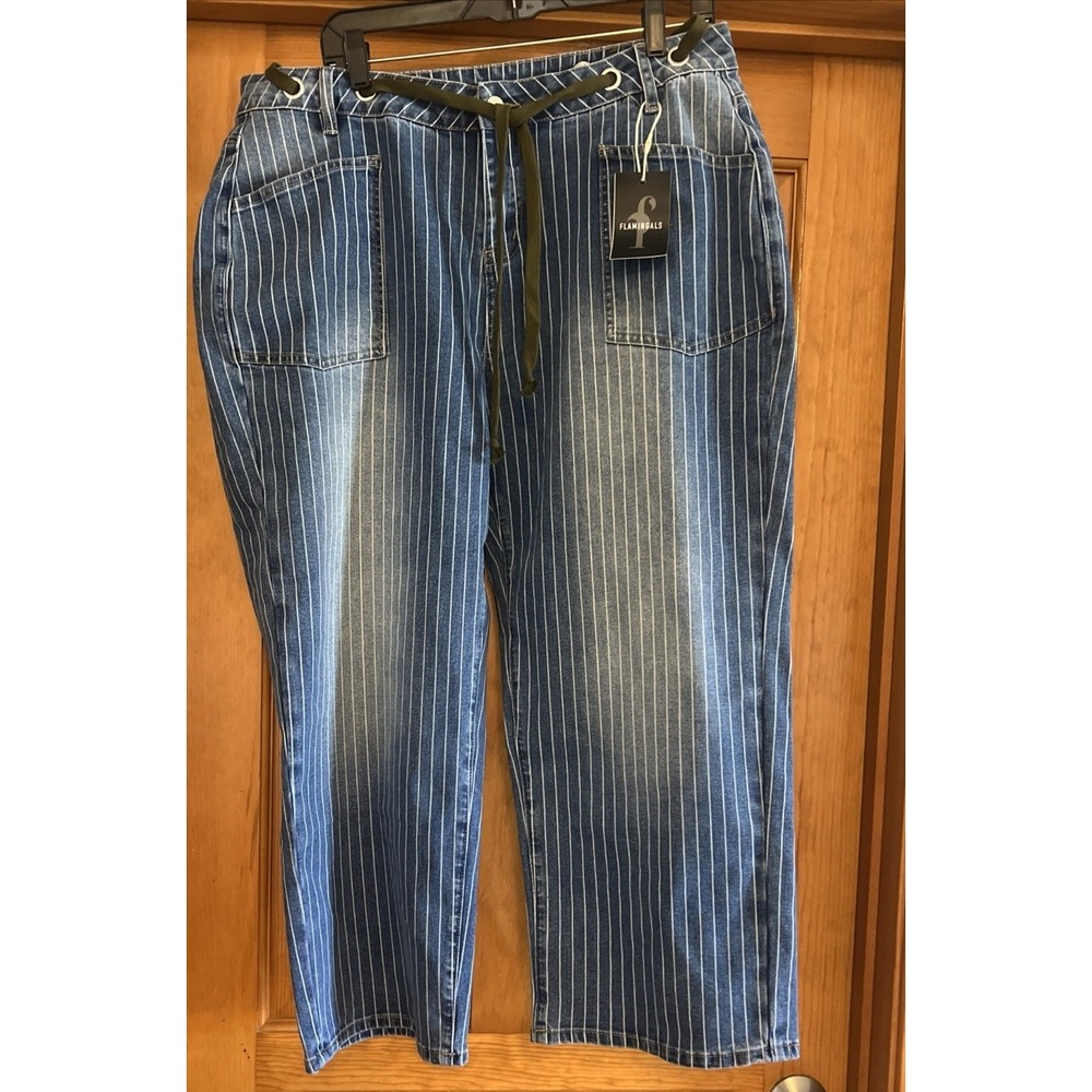 Flamingals Striped Eyelet Green Drawstring Baggy Jeans Women's Sz 3xL
